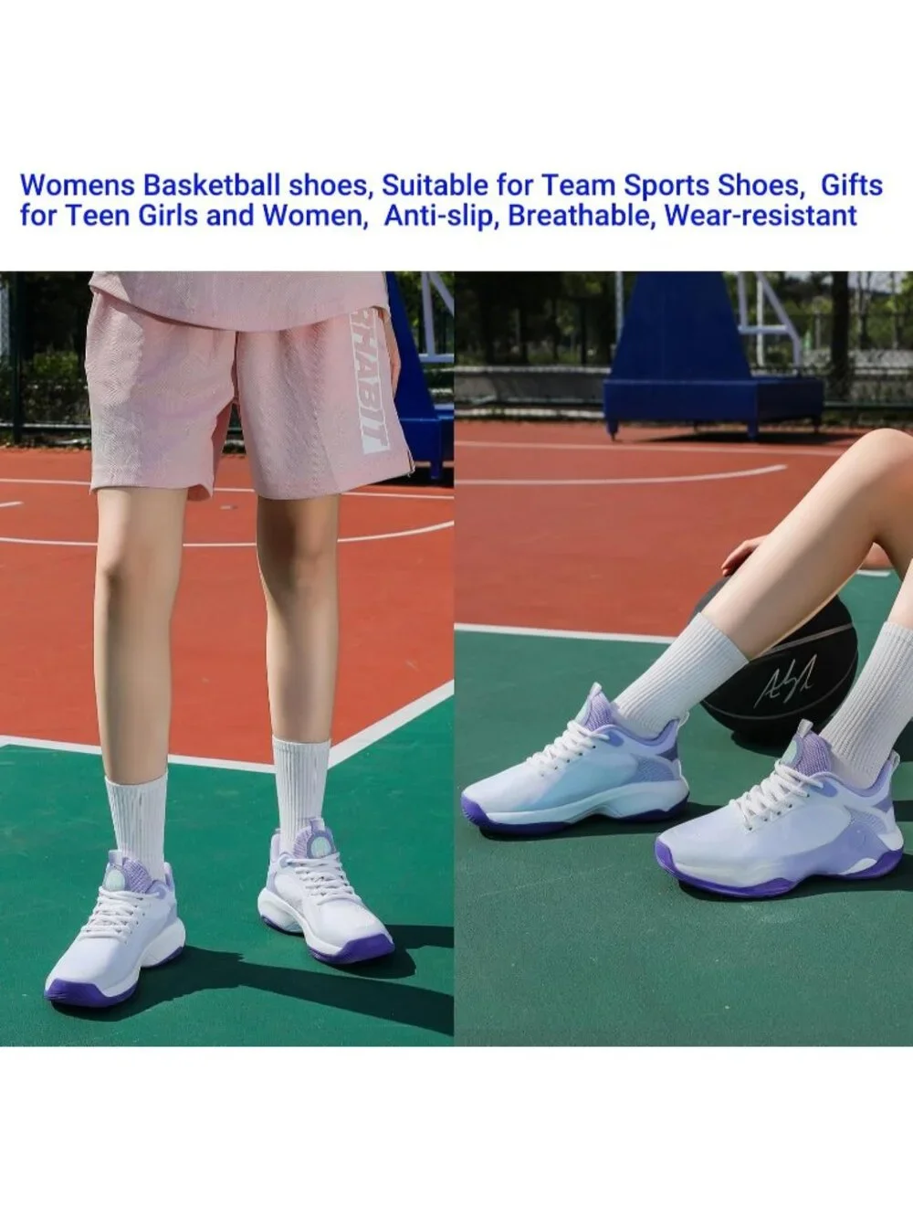 Women's White Purple Mesh Basketball High Upper Volleyball Breathable Sneaker